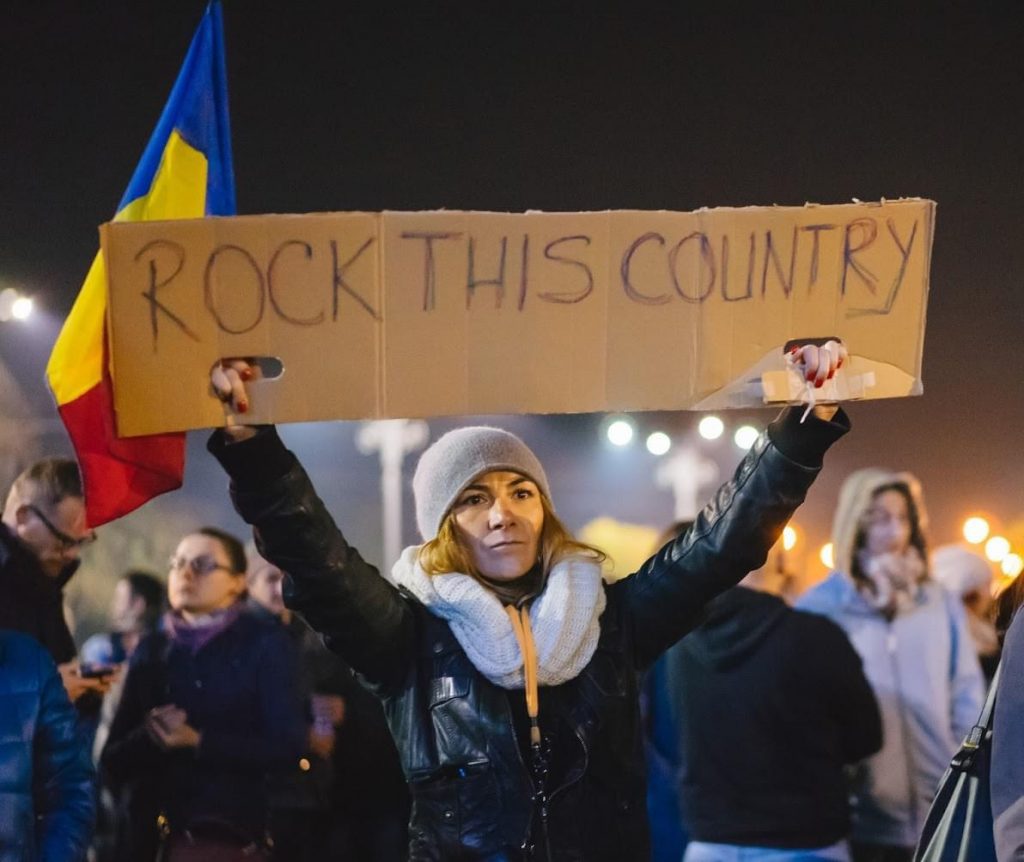 Oana Bizgan at anti-government protest, November 2015. Photo Denis Malciu