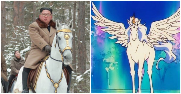 Propagandă fantasy: Dictatorul Kim, călare pe un cal alb desprins din „Sailor Moon”, mărșăluiește prin „zăpada neprihănită”