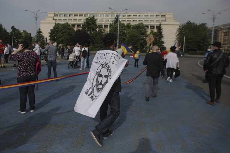 Protesters supported by pro-Russian group of COVID-19 deniers protest against Romanian government for COVID-19 lockdown