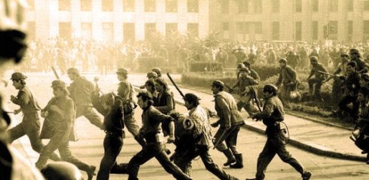 Protesting Romanian coal miners. Stock image.