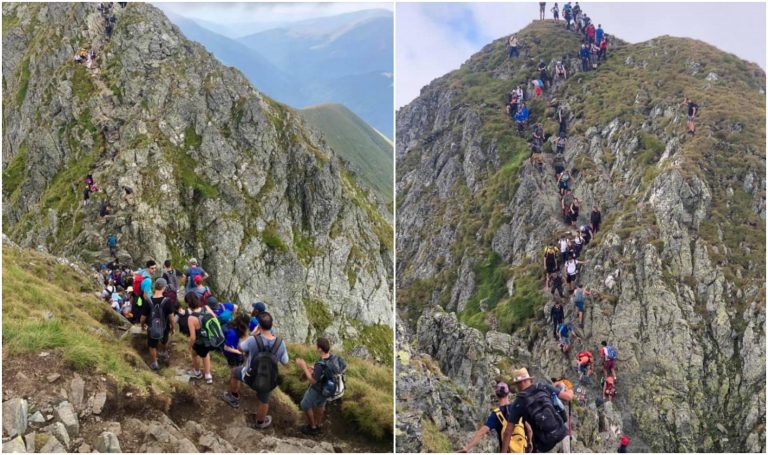 VIDEO | Adio, distanțare. Sute de montaniarzi s-au înghesuit pe Vârful Moldoveanu