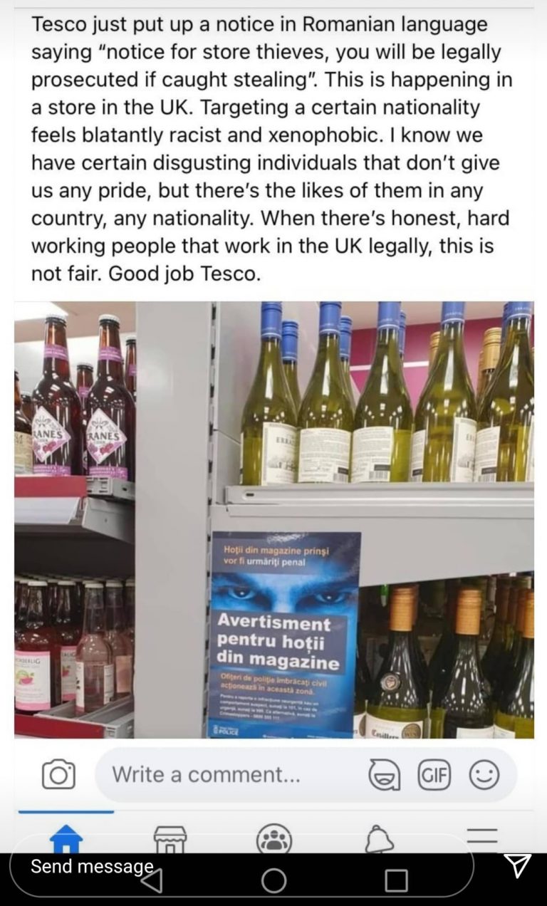 Indignare după ce, într-un magazin Tesco din Londra, a apărut un avertisment în limba română pentru hoți