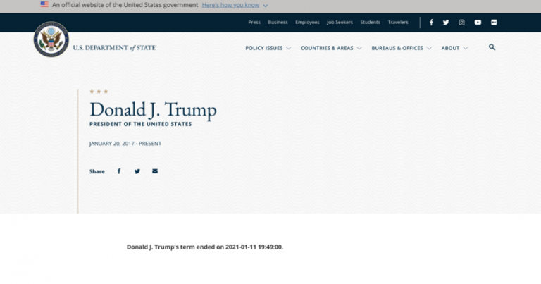 Departamentul de Stat anunţă sfârşitul mandatelor lui Trump şi Pence cu 9 zile mai devreme. Autorul postării ar fi un „angajat nemulțumit”