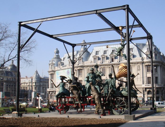 Caragealiana_-_Caruta_cu_paiate_-_ansamblu Sculpture National Theater Bucharest, Wikipedia