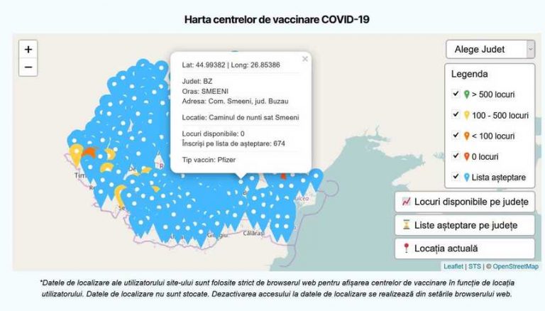 Harta centrelor de vaccinare. Acum poate fi verificat tipul de vaccin folosit, numărul de locuri libere şi numărul de persoane aflate pe lista de așteptare