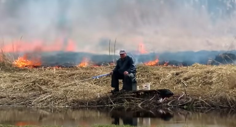 VIDEO VIRAL | Un bărbat pescuiește liniștit în timp ce în jurul său are loc un incendiu de vegetație