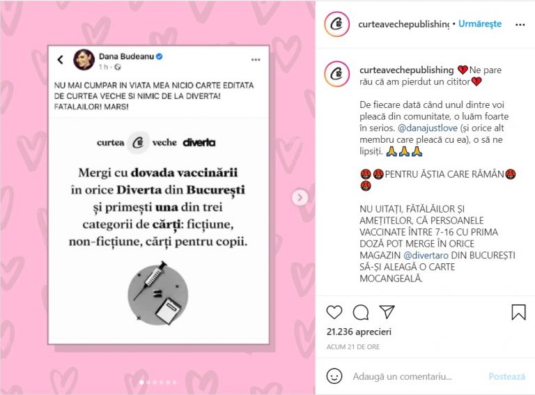 Ed. Curtea Veche o ironizează pe Dana Budeanu: „Nu uitați, fătălăilor și amețitelor, că persoanele vaccinate cu prima doză pot merge în orice magazin Diverta din București să-și aleagă o carte mocangeală”