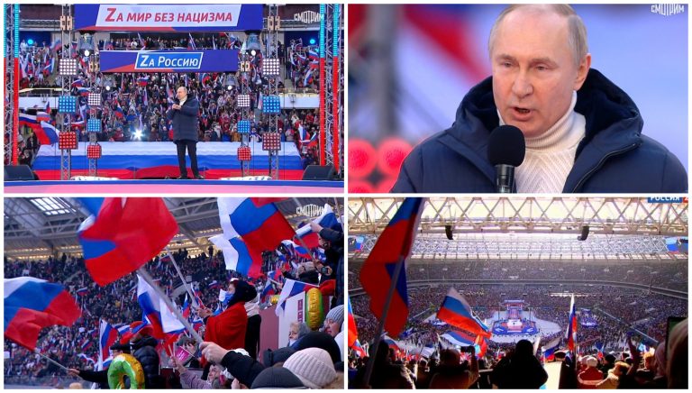 VIDEO | Kim Jong-Putin. Măcelul din Ucraina și anexarea Crimeei, sărbătorite ca în Coreea de Nord pe un stadion din Moscova