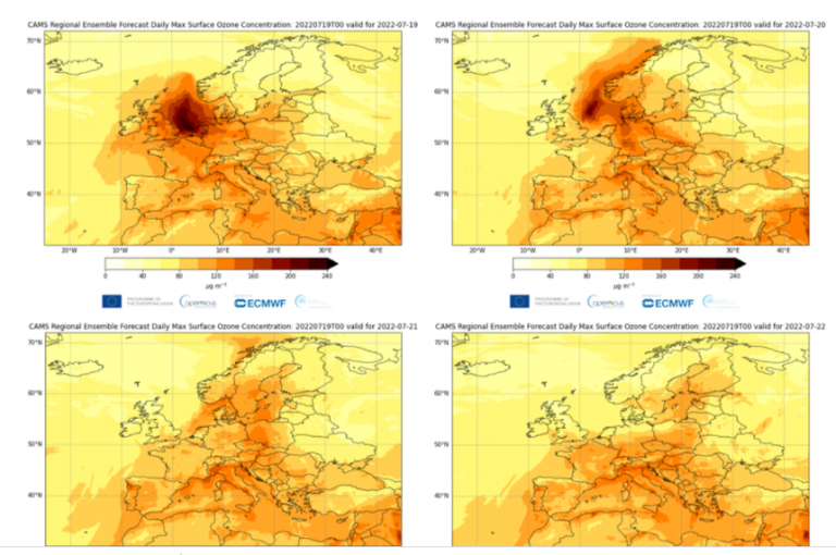 Niveluri foarte ridicate de poluare cu ozon la suprafaţă într-o mare parte a Europei, pe măsură ce temperaturile cresc
