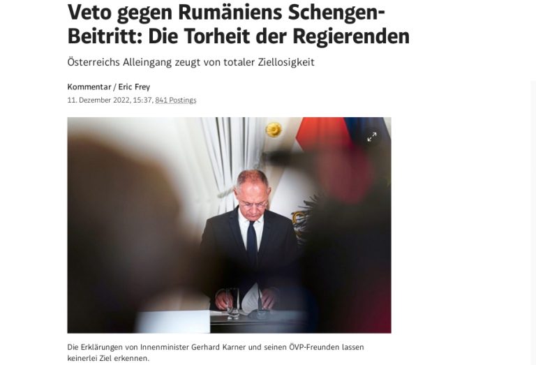 ”Der Standard”, despre veto-ul pentru aderarea României la Schengen: Abordarea Austriei arată o lipsă totală de obiective