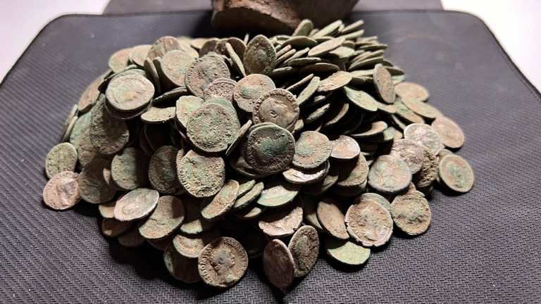 Tezaur cu 800 de monede romane, descoperit în județul Alba de doi detectorişti, pe un teren agricol