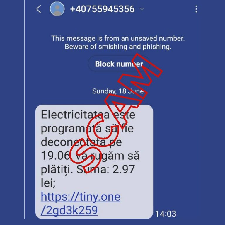 DNSC atenționează asupra unui val de atacuri de tip phishing/scam ce vizează Transelectrica. SMS-uri false amenință cu deconectarea serviciilor pentru neplată