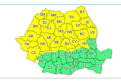 ANM: Avertizare cod galben de instabilitate atmosferică în cea mai mare parte a țării până luni dimineaţă