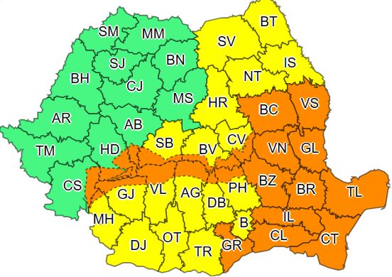 Cod portocaliu de ploi abundente în şase judeţe; avertizare de viscol în zece judeţe, duminică