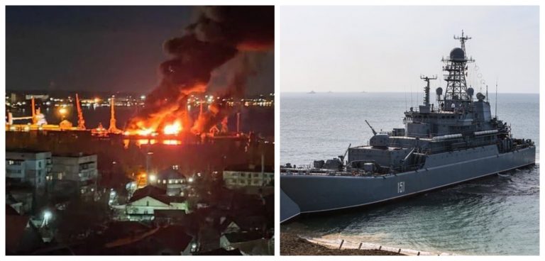Armata ucraineană a distrus marea navă Novocerkask a Flotei ruse din Marea Neagră / Nava este suspectată că transporta drone iraniene