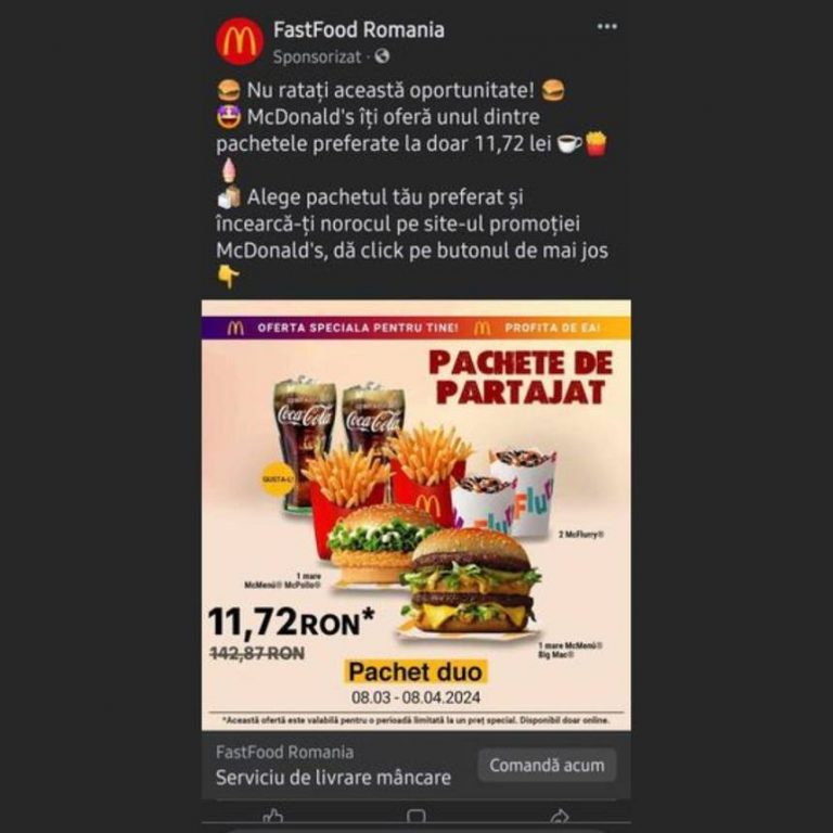 Avertisment DNSC: Tentativă de fraudă prin folosirea imaginii McDonald’s România