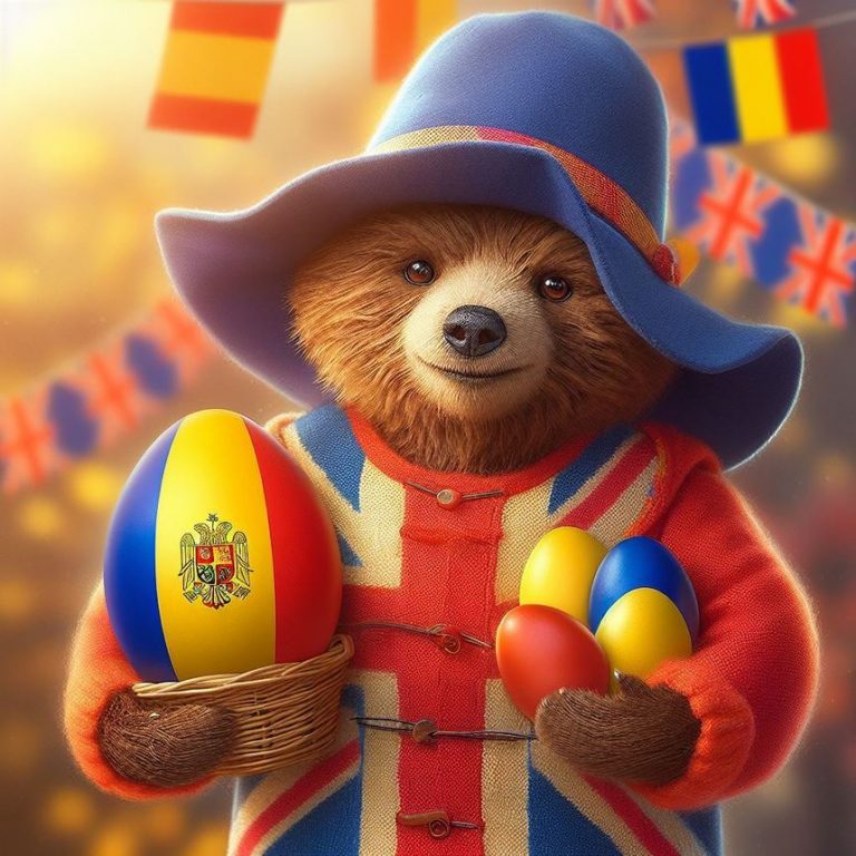 Celebrul ursuleţ Paddington, cu ouă vopsite în roşu, galben şi albastru