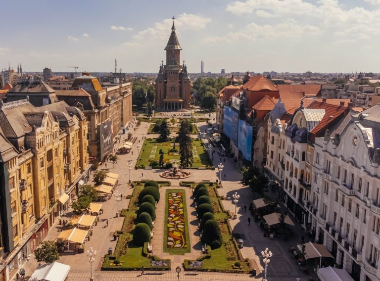 Covor floral în Piaţa Victoriei din Timişoara, inspirat din floarea naţională, bujorul