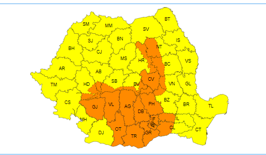 ANM: Cod galben și portocaliu de ploi cu precipitații care vor depăși 100 de litri pe metru pătrat/ La munte, lapoviță și ninsoare