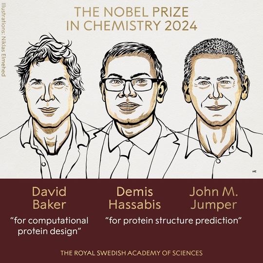 Premiul Nobel pentru Chimie 2024, acordat cercetătorilor David Baker, Demis Hassabis și John Jumper care „au descifrat codul structurilor uimitoare ale proteinelor”