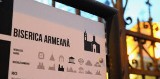 PHOTO BY LARRY LUXNER: Plaque outside the Armenian Church of Iași (Biserica Armeană Sfânta Născătoare). The church is located at 22 Armeană Street in Iași, and was restored in 1803.