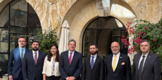 Top Armenian officials meet November 28 with Israeli officials in front of a restaurant in Jerusalem (photo courtesy Israel Ministry of Foreign Affairs)