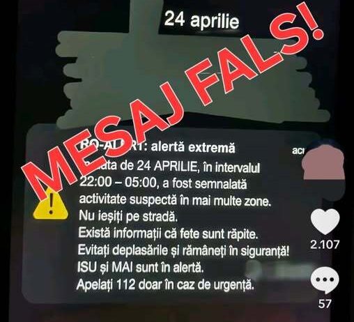 MAI: Mesaj fals RO-ALERT pus în circulație pe rețelele de socializare, cu scopul de a crea panică populației
